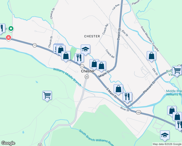 map of restaurants, bars, coffee shops, grocery stores, and more near 50 Depot Street in Chester
