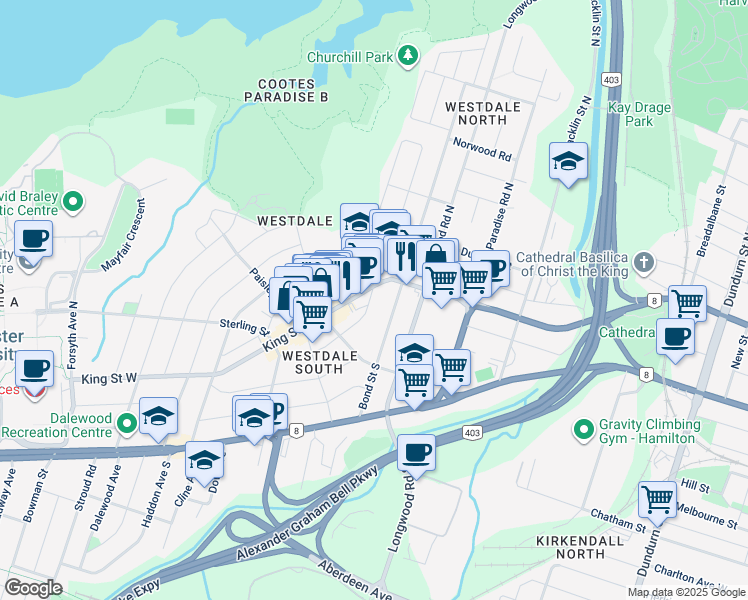 map of restaurants, bars, coffee shops, grocery stores, and more near 15 South Oval in Hamilton