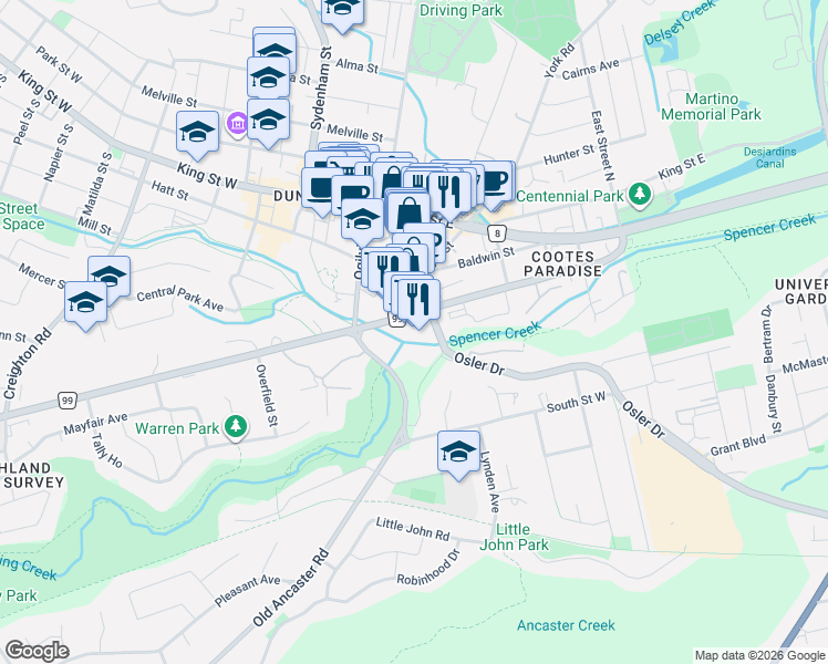 map of restaurants, bars, coffee shops, grocery stores, and more near 116 Main Street in Hamilton