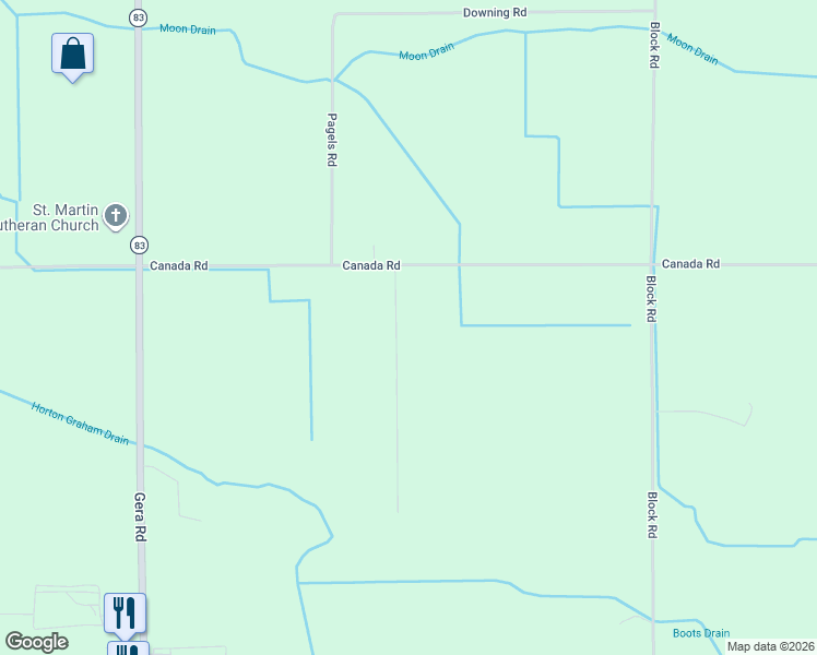 map of restaurants, bars, coffee shops, grocery stores, and more near 11520 Canada Road in Birch Run