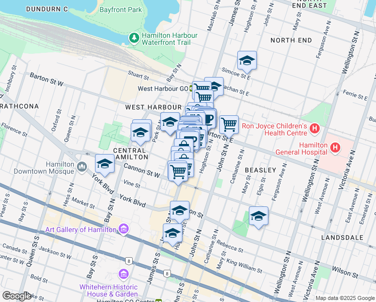 map of restaurants, bars, coffee shops, grocery stores, and more near 235 James Street North in Hamilton