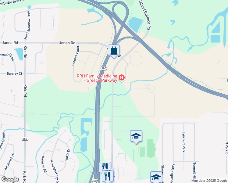 map of restaurants, bars, coffee shops, grocery stores, and more near 491 Island Cottage Road in Rochester