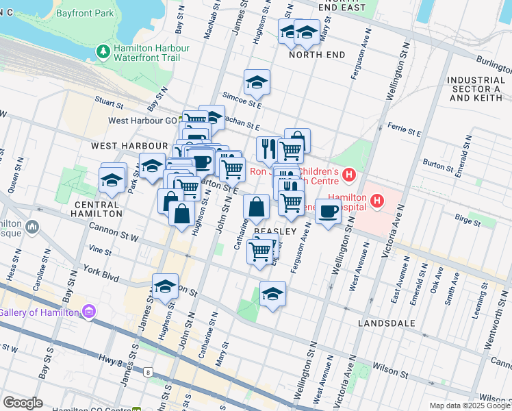map of restaurants, bars, coffee shops, grocery stores, and more near in Hamilton