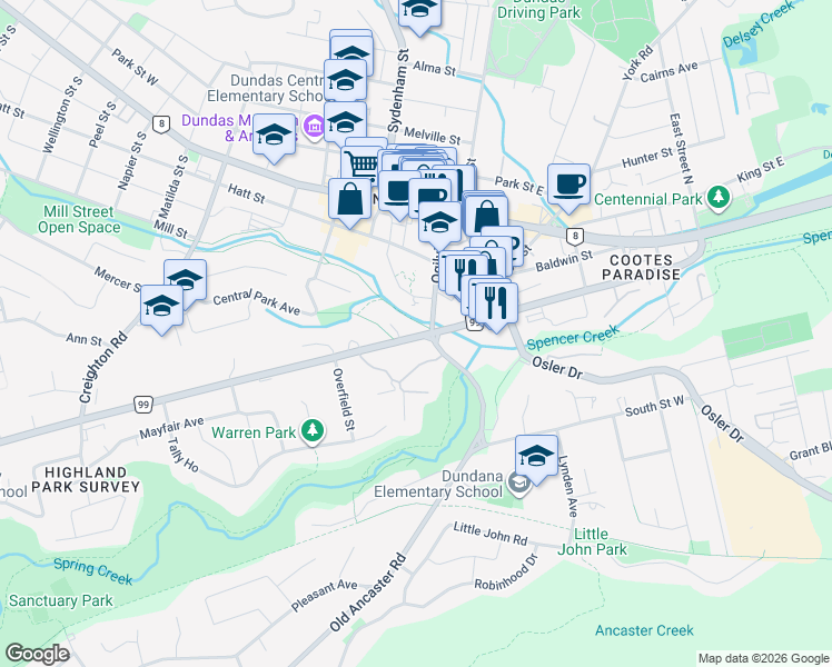 map of restaurants, bars, coffee shops, grocery stores, and more near in Hamilton