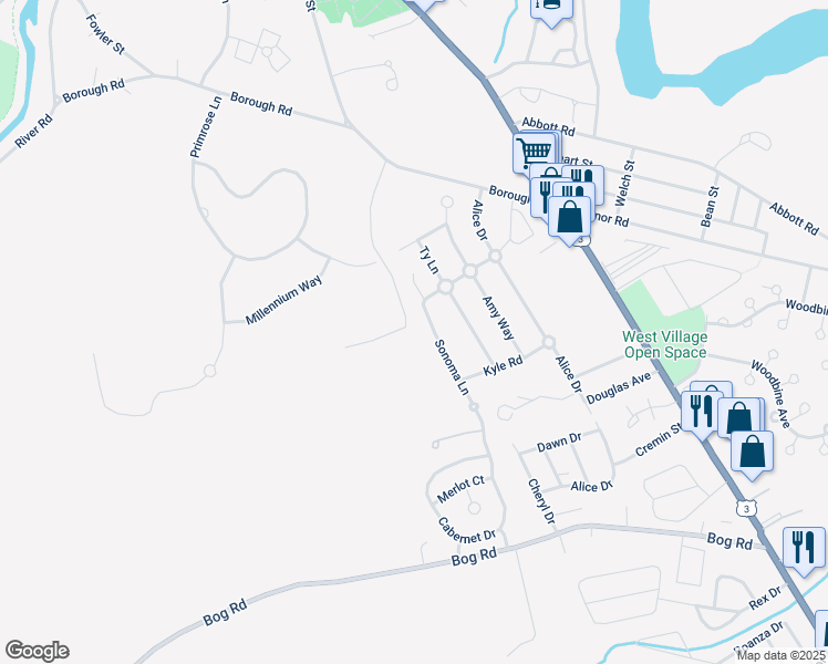 map of restaurants, bars, coffee shops, grocery stores, and more near 77 Blueberry Lane in Concord
