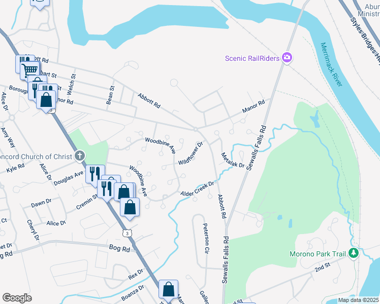 map of restaurants, bars, coffee shops, grocery stores, and more near 15 Wildflower Drive in Concord