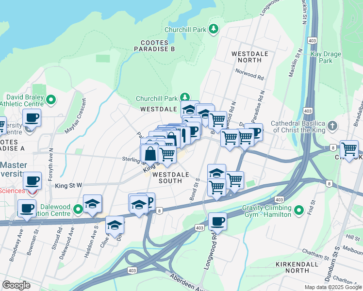 map of restaurants, bars, coffee shops, grocery stores, and more near in Hamilton