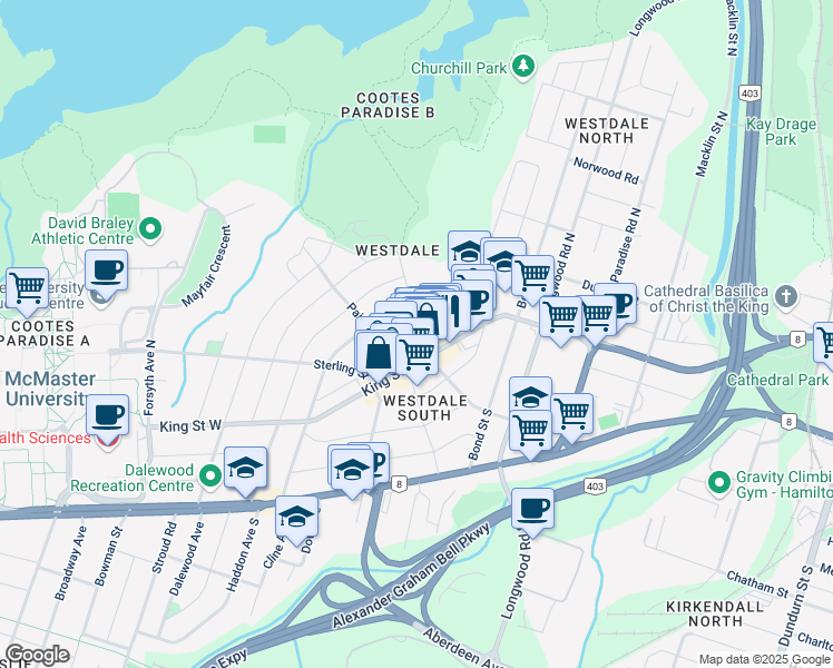 map of restaurants, bars, coffee shops, grocery stores, and more near in Hamilton