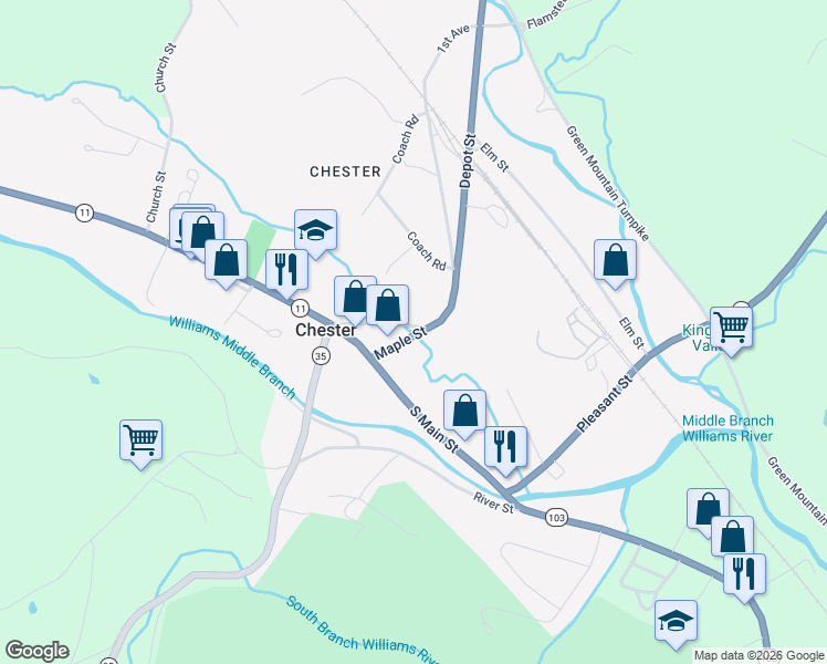 map of restaurants, bars, coffee shops, grocery stores, and more near 208 Depot Street in Chester