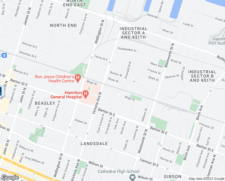 map of restaurants, bars, coffee shops, grocery stores, and more near 344 East Avenue North in Hamilton
