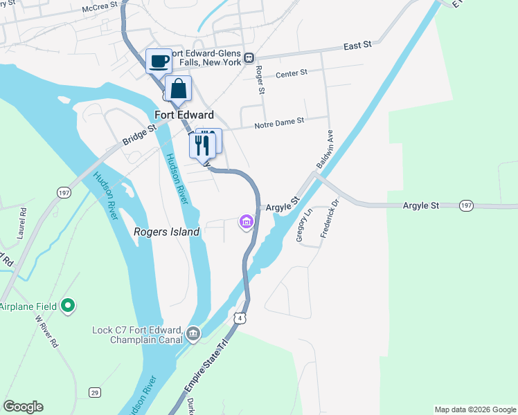 map of restaurants, bars, coffee shops, grocery stores, and more near Broadway & Argyle Street in Fort Edward