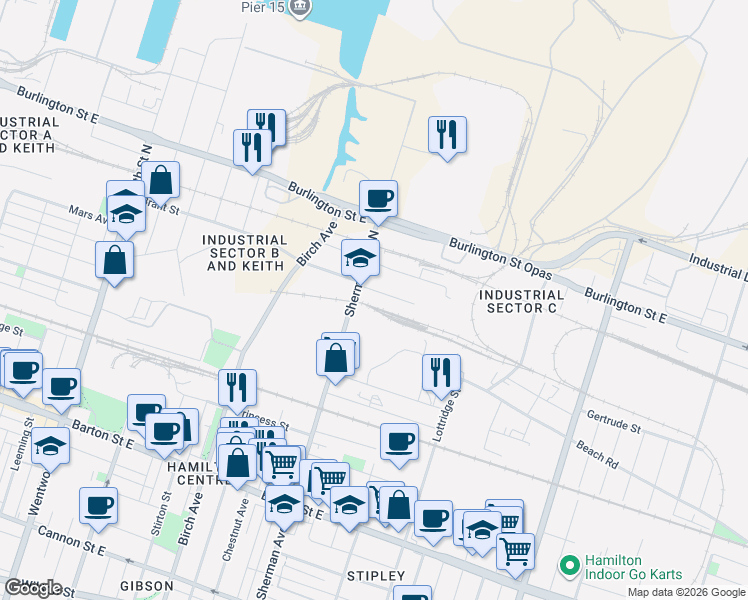 map of restaurants, bars, coffee shops, grocery stores, and more near 350 Sherman Avenue North in Hamilton