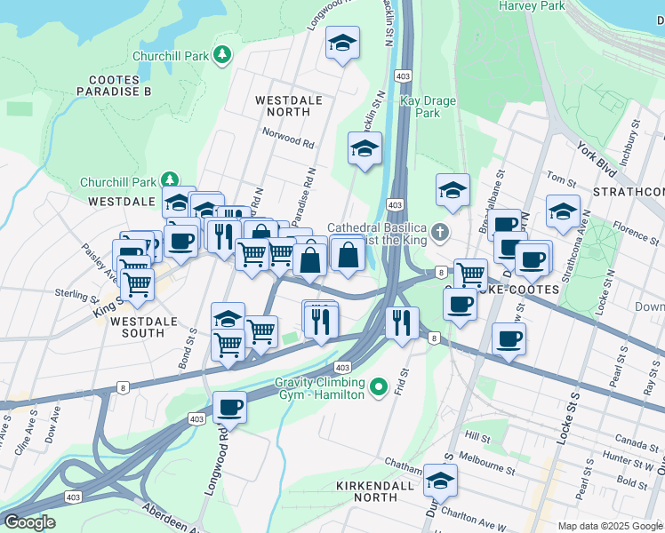 map of restaurants, bars, coffee shops, grocery stores, and more near 24 Macklin Street North in Hamilton