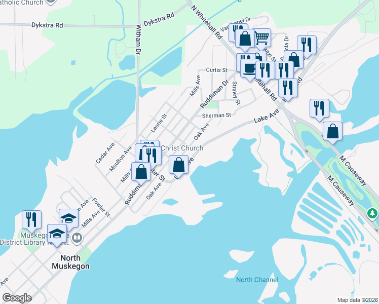 map of restaurants, bars, coffee shops, grocery stores, and more near 2022 Lake Avenue in Muskegon