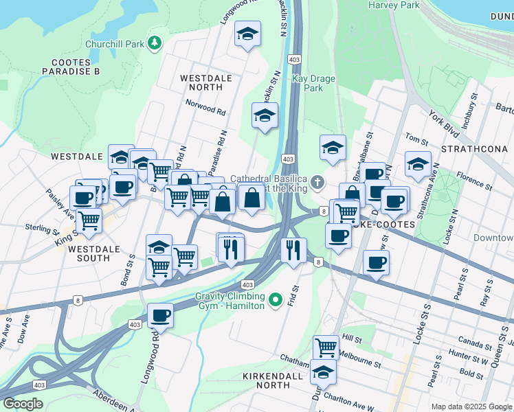 map of restaurants, bars, coffee shops, grocery stores, and more near 44 Glen Road in Hamilton