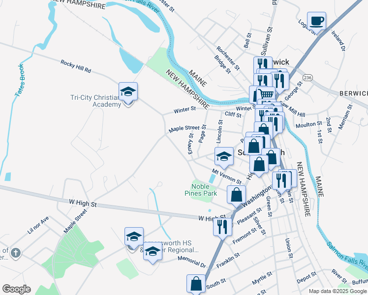 map of restaurants, bars, coffee shops, grocery stores, and more near 73 Noble Street in Somersworth