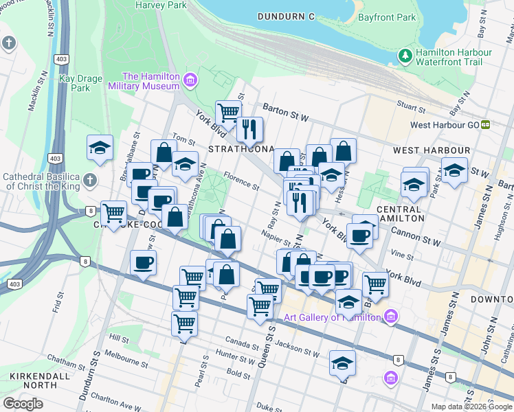 map of restaurants, bars, coffee shops, grocery stores, and more near 83 Pearl Street North in Hamilton