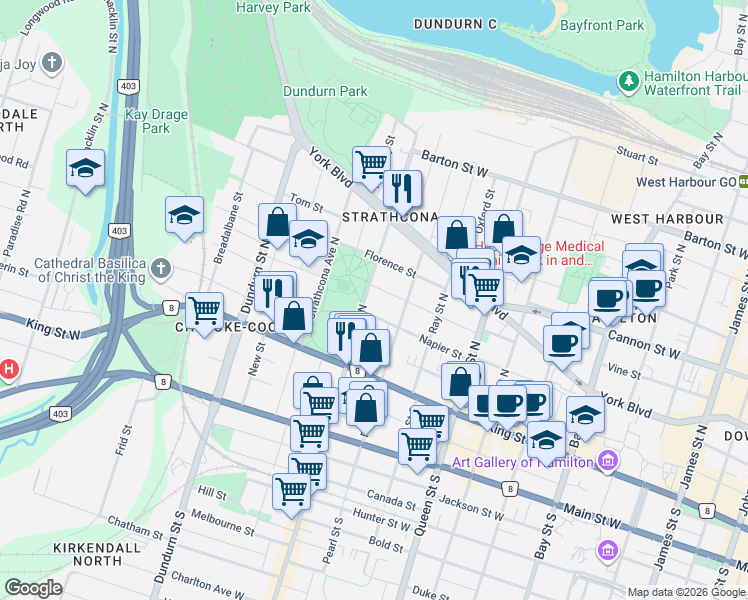 map of restaurants, bars, coffee shops, grocery stores, and more near 64 Locke Street North in Hamilton