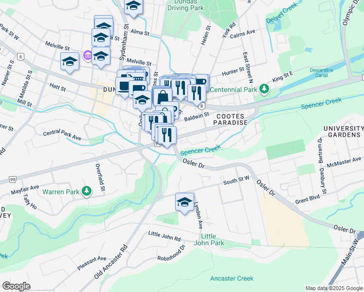 map of restaurants, bars, coffee shops, grocery stores, and more near 18 Dundas Street in Hamilton