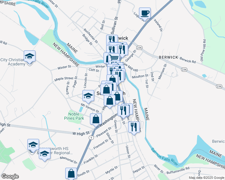 map of restaurants, bars, coffee shops, grocery stores, and more near Government Way in Somersworth