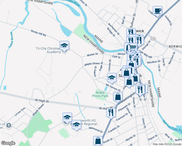 map of restaurants, bars, coffee shops, grocery stores, and more near 73 Noble Street in Somersworth