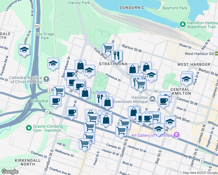 map of restaurants, bars, coffee shops, grocery stores, and more near 66 Locke Street North in Hamilton