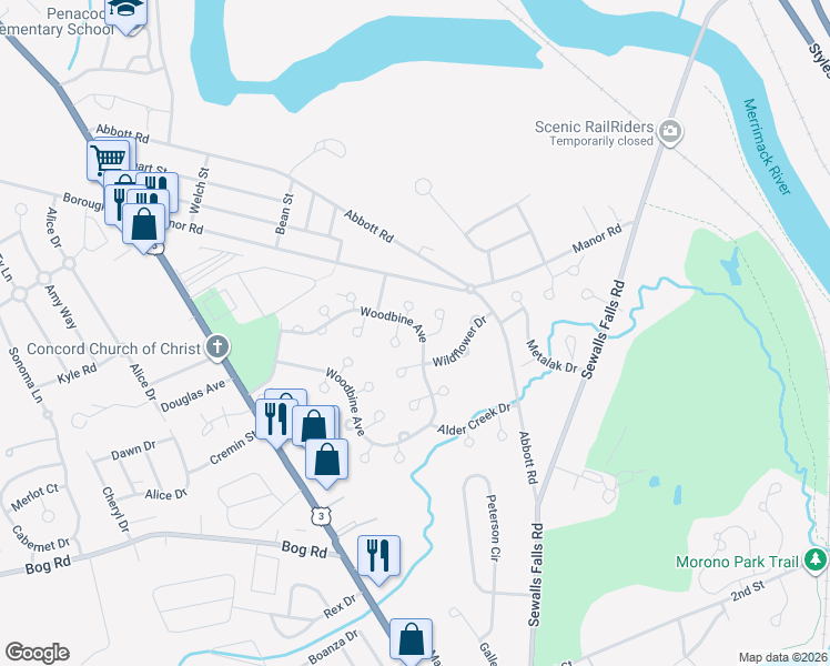 map of restaurants, bars, coffee shops, grocery stores, and more near 51 Woodbine Avenue in Concord
