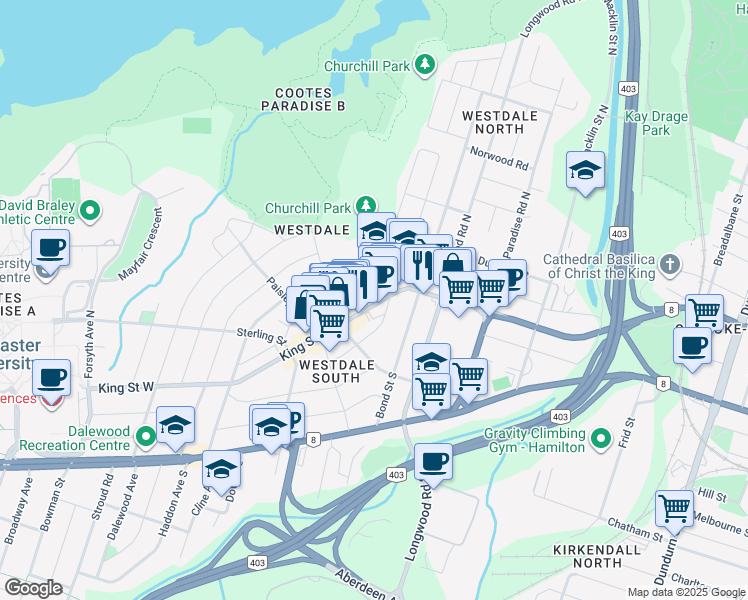map of restaurants, bars, coffee shops, grocery stores, and more near 950 King Street West in Hamilton