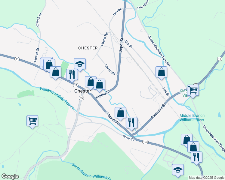 map of restaurants, bars, coffee shops, grocery stores, and more near 208 Depot Street in Chester