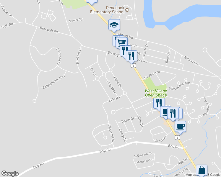 map of restaurants, bars, coffee shops, grocery stores, and more near 9 Amy Way in Concord