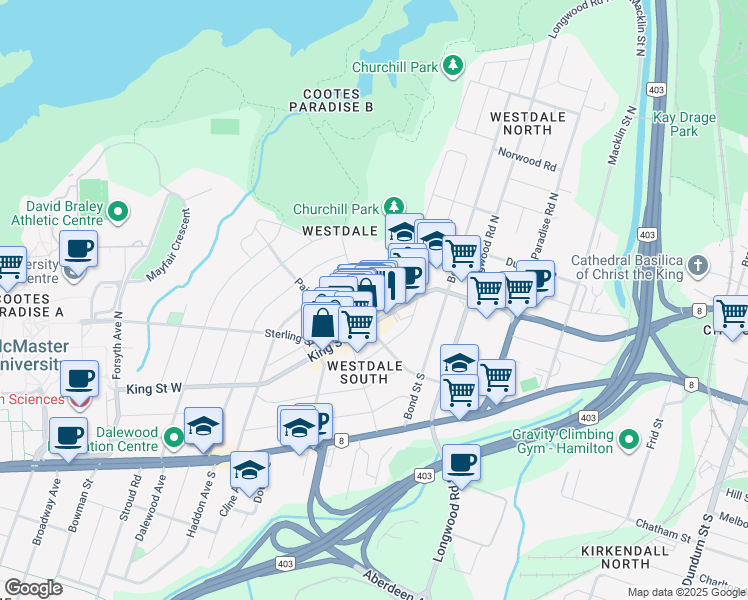 map of restaurants, bars, coffee shops, grocery stores, and more near 33 North Oval in Hamilton