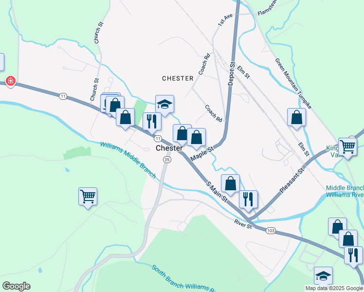 map of restaurants, bars, coffee shops, grocery stores, and more near 50 Depot St in Chester