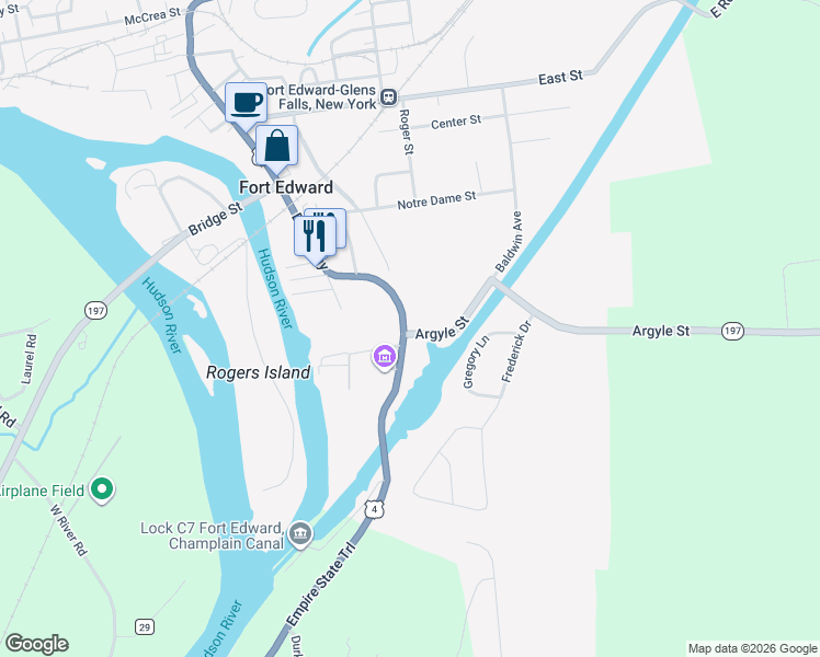 map of restaurants, bars, coffee shops, grocery stores, and more near 42 Broadway in Fort Edward