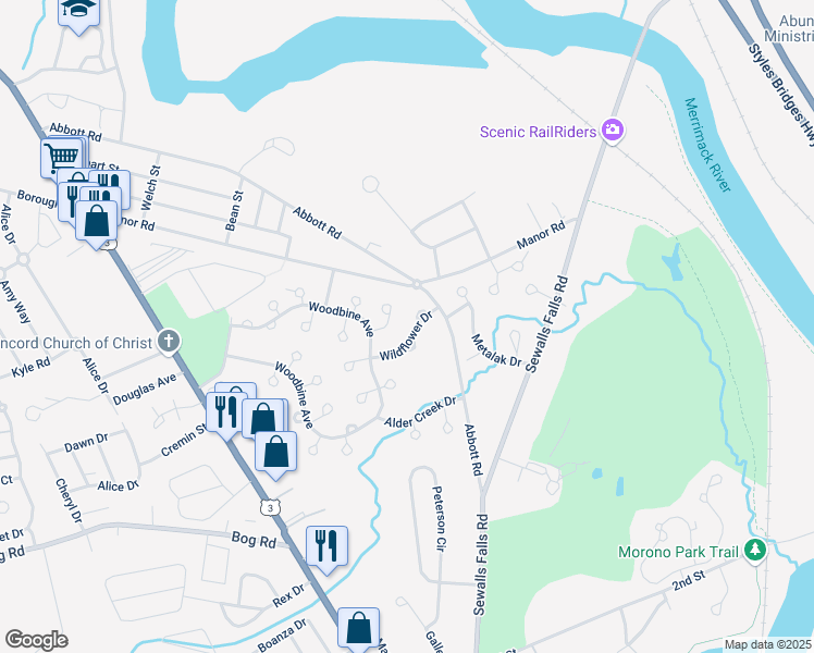 map of restaurants, bars, coffee shops, grocery stores, and more near 15 Wildflower Dr in Concord