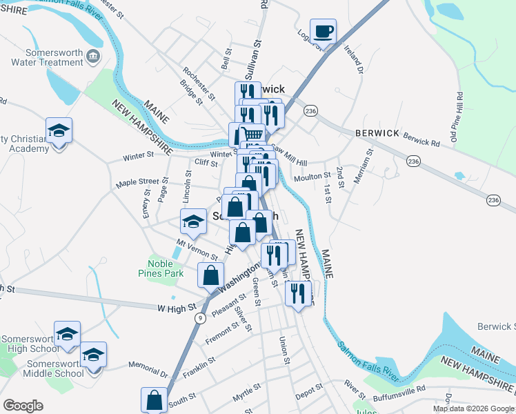 map of restaurants, bars, coffee shops, grocery stores, and more near in Somersworth
