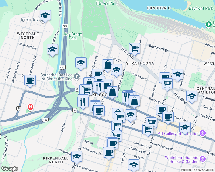 map of restaurants, bars, coffee shops, grocery stores, and more near 39 Head Street in Hamilton