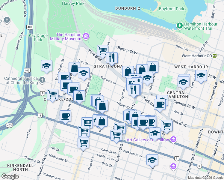 map of restaurants, bars, coffee shops, grocery stores, and more near 83 Pearl Street North in Hamilton