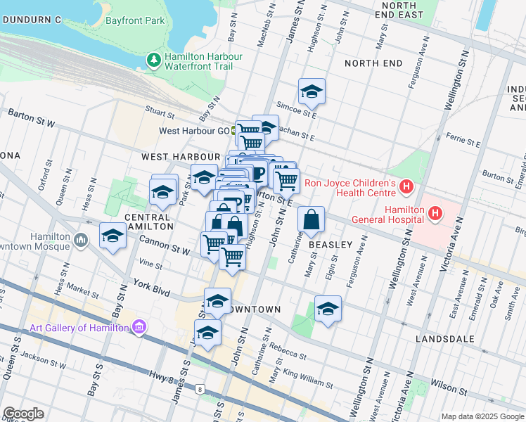 map of restaurants, bars, coffee shops, grocery stores, and more near 232 Hughson Street North in Hamilton