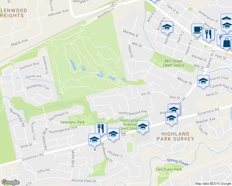 map of restaurants, bars, coffee shops, grocery stores, and more near 33 Golfview Crescent in Hamilton