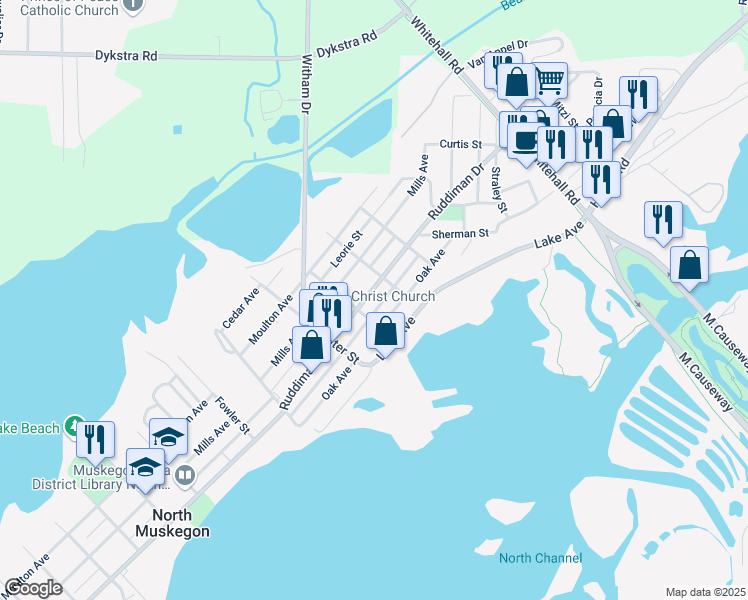 map of restaurants, bars, coffee shops, grocery stores, and more near 2009 Ruddiman Drive in Muskegon