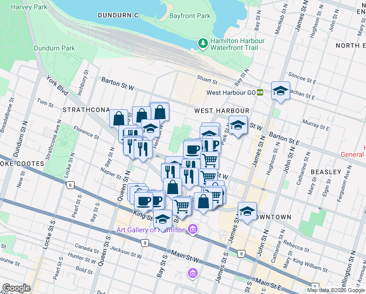 map of restaurants, bars, coffee shops, grocery stores, and more near 31 Railway Street in Hamilton