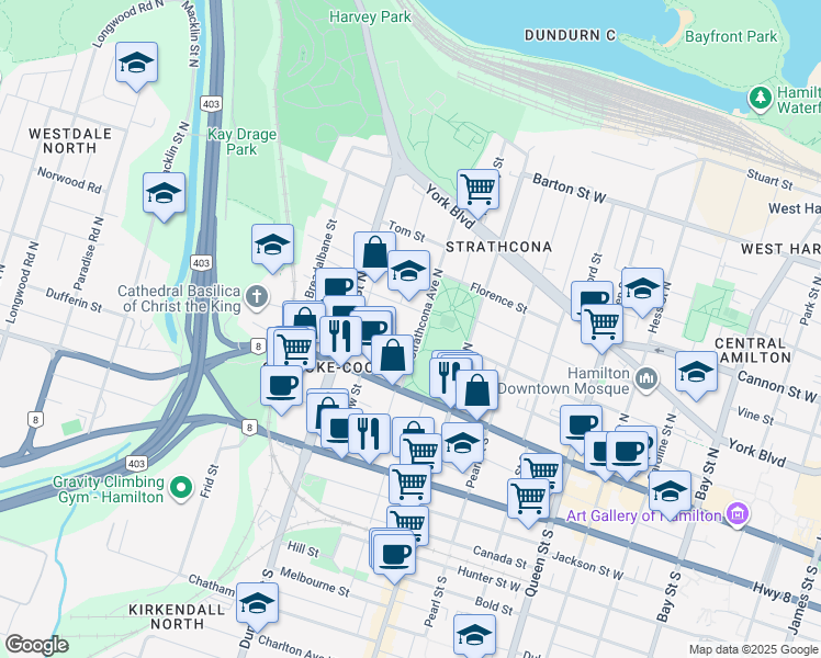 map of restaurants, bars, coffee shops, grocery stores, and more near 47 Strathcona Avenue North in Hamilton