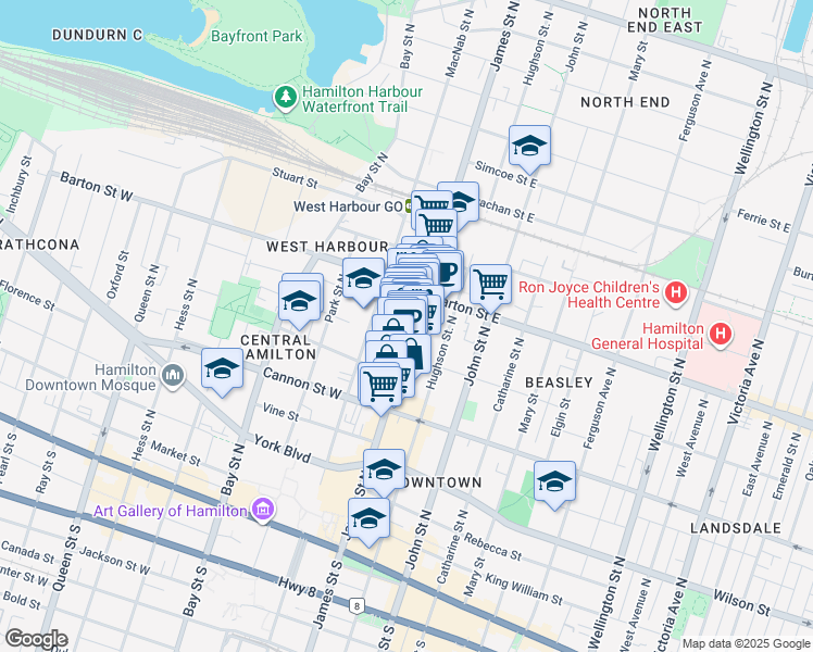 map of restaurants, bars, coffee shops, grocery stores, and more near in Hamilton