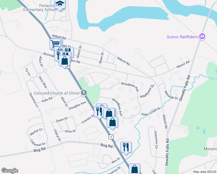 map of restaurants, bars, coffee shops, grocery stores, and more near 73 Woodbine Avenue in Concord
