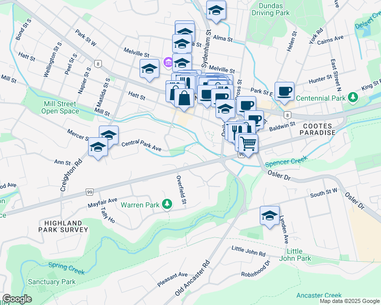 map of restaurants, bars, coffee shops, grocery stores, and more near Chegwin Park Path in Hamilton