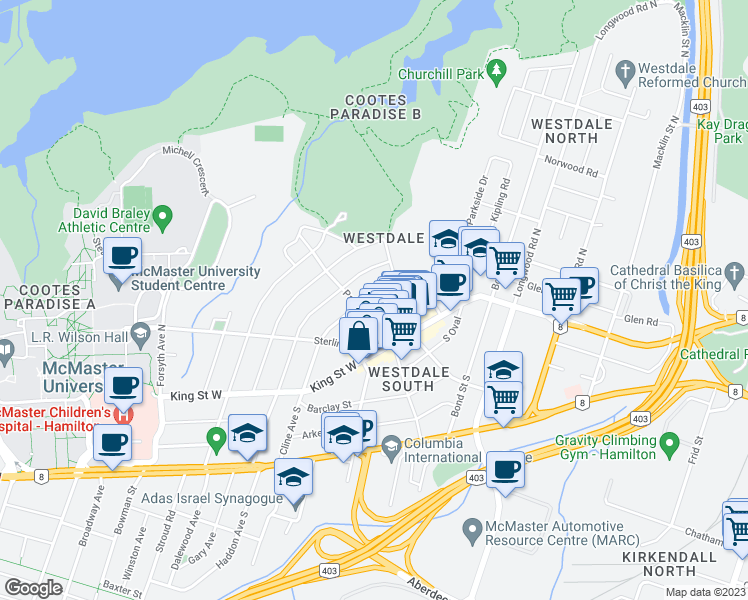 map of restaurants, bars, coffee shops, grocery stores, and more near 124 Cline Avenue North in Hamilton
