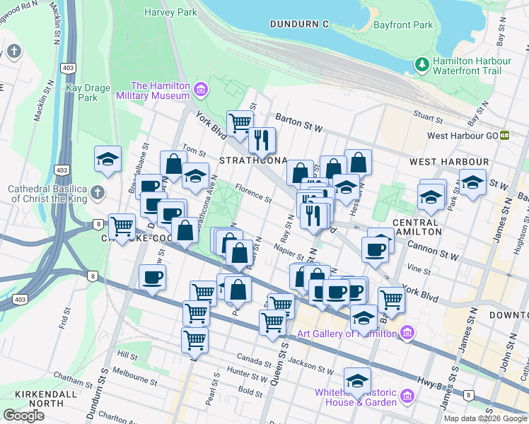 map of restaurants, bars, coffee shops, grocery stores, and more near 91 Pearl Street North in Hamilton