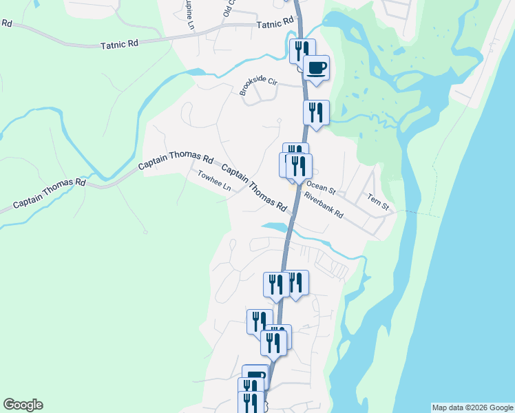 map of restaurants, bars, coffee shops, grocery stores, and more near 25 Towhee Lane in Ogunquit