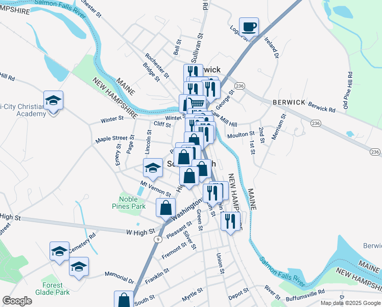 map of restaurants, bars, coffee shops, grocery stores, and more near in Somersworth