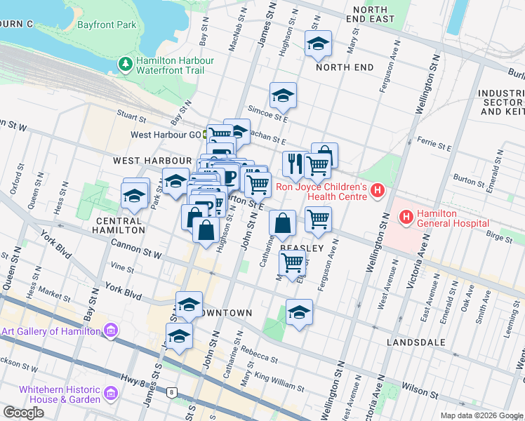 map of restaurants, bars, coffee shops, grocery stores, and more near 72 Barton Street East in Hamilton